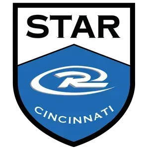 Shield-shaped logo. Blue and white, with