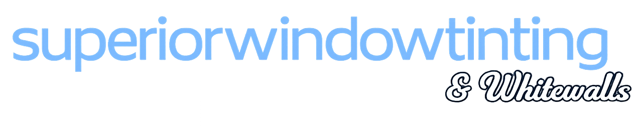 Window Tinting in Cairns Superior Window Tinting and Whitewalls logo in blue and white text on a black background