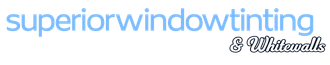 Logo for Superior Window Tinting and Whitewalls in blue and white text on a black background