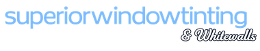 Window Tinting in Cairns Superior Window Tinting & Whitewalls logo in blue and white text on a black background