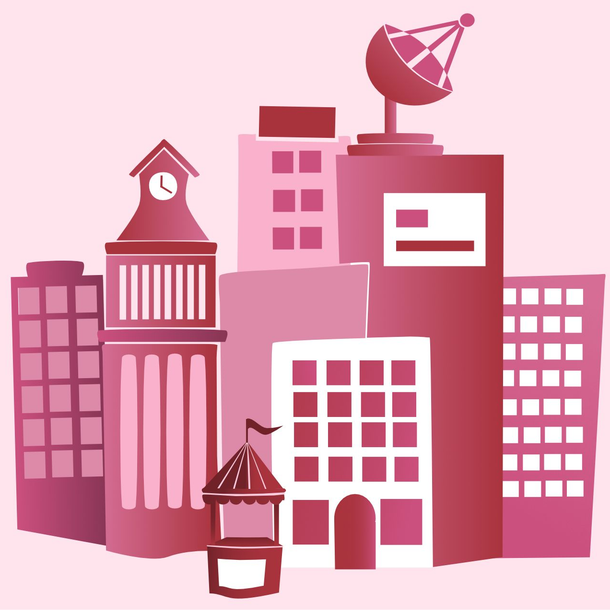 Stylized pink city skyline with office buildings and a satellite dish