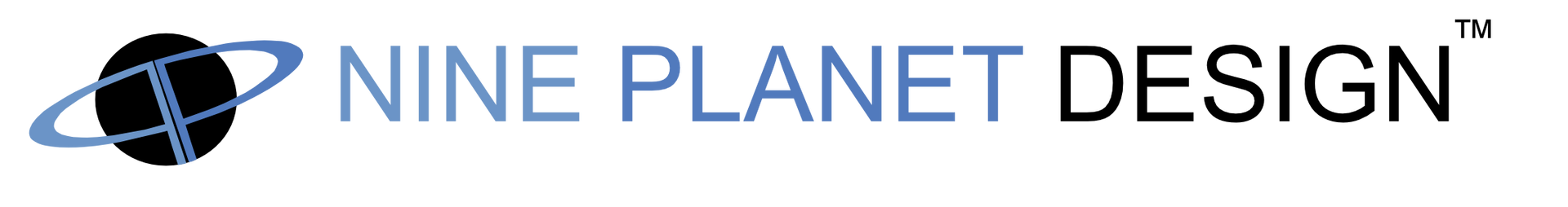 Logo for Nine Planet Design with a blue ringed planet icon to the left of the company name in black and blue text.