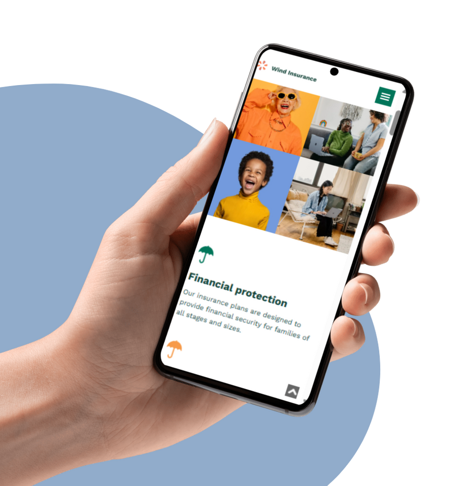 A hand holds a smartphone displaying a financial services app screen titled 