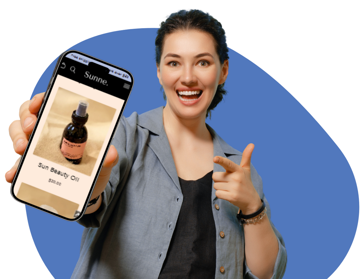 A smiling person holds up a smartphone displaying a product page for 
