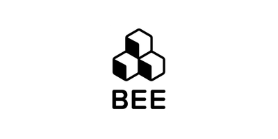 A logo featuring three stacked, isometric cubes in black and white, positioned above the capitalized text "BEE".