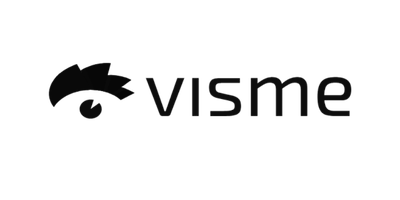 Black Visme logo featuring a stylized abstract eye icon to the left of the lowercase text "visme".