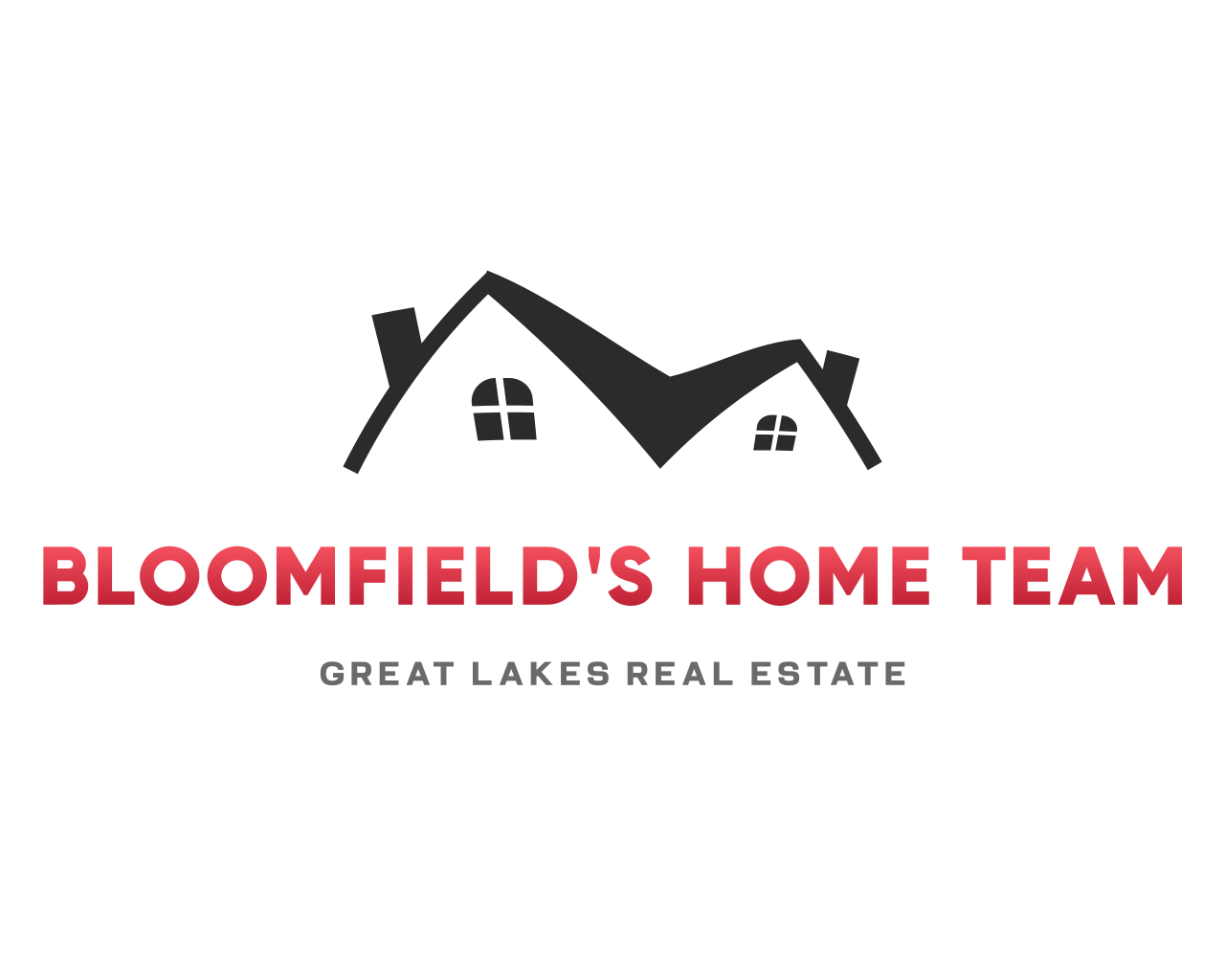 Bloomfield's Home Team logo. Black house silhouettes over red text: "Bloomfield's Home Team," "Great Lakes Real Estate."
