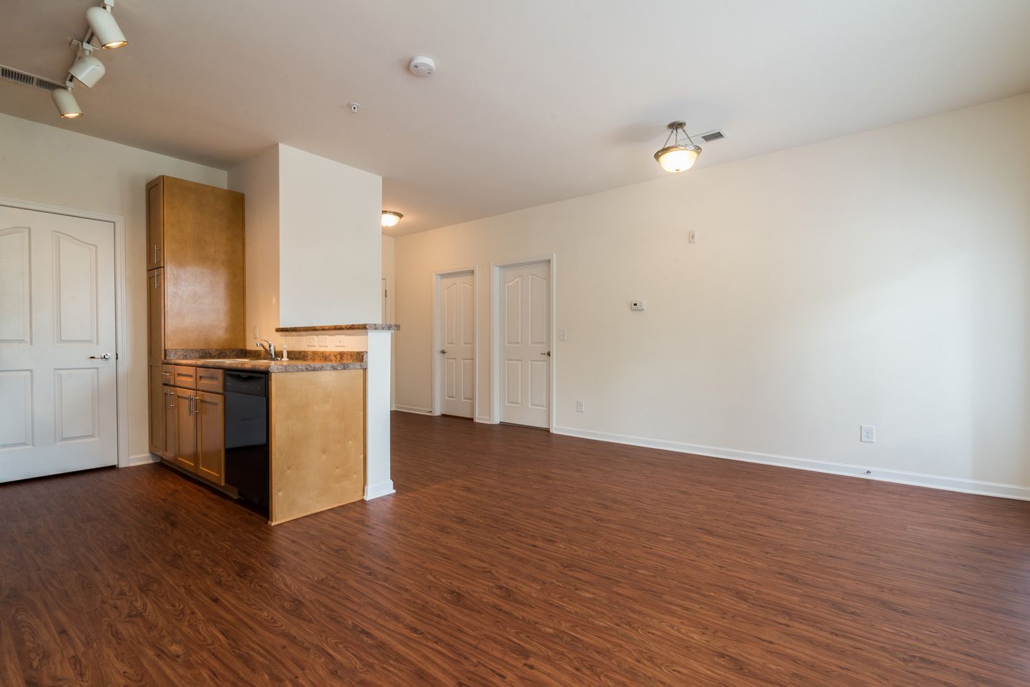 Interior view of an apartment unit showing the kitchen and living area