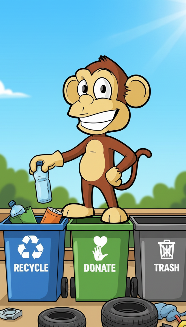Cartoon monkey recycling a plastic bottle into a blue bin. Green bin says “Donate”, gray bin says “Trash.”