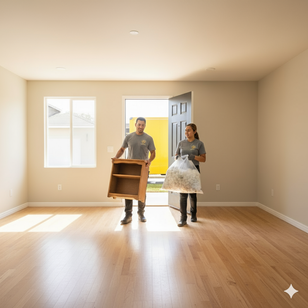 Two people carry items from a bright, empty room with wood floors. One carries a shelf; the other, a bag of debris.
