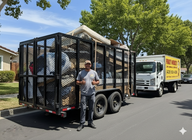 Man stands beside a trailer filled with debris. A truck with a business logo is next to it.