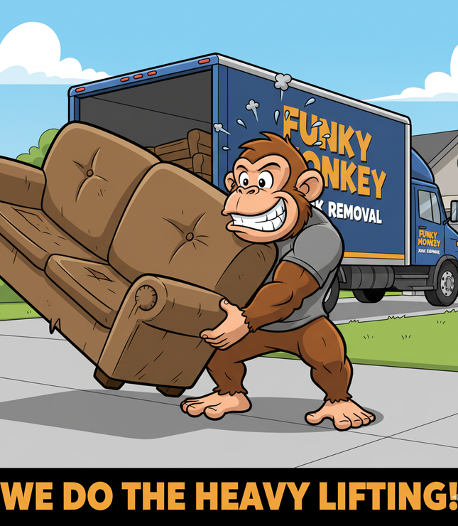 Cartoon monkey carrying a couch towards a moving truck that reads