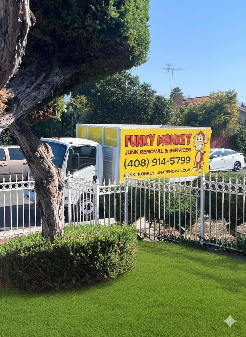 Funky Monkey junk removal truck parked on a lawn with a sign, white fence and cars in background.