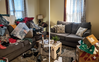 Before and after photos of a living room. The first is cluttered with clothes and boxes, the second is clean and tidy.