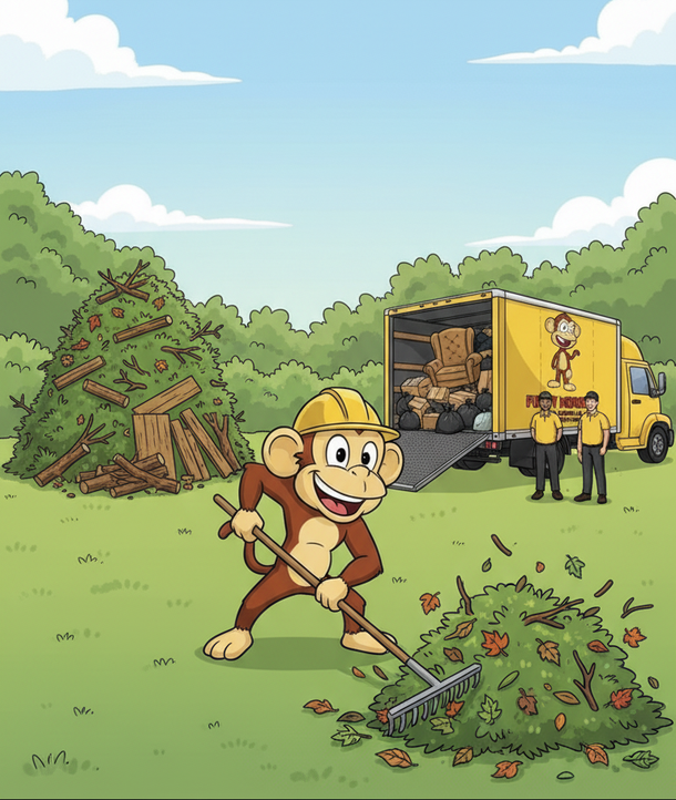 Cartoon monkey rakes leaves, wearing a hard hat, with a truck and workers in the background.