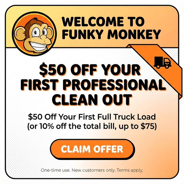 Funky Monkey ad: $50 off first professional clean out. Orange and white. Cartoon monkey. Claim offer button.
