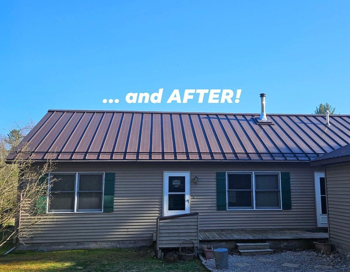 Before and after of a roof replacement, upgrading from shingles to a modern, long-lasting metal roof. Expert roofing contractor serving Gaylord, MI.