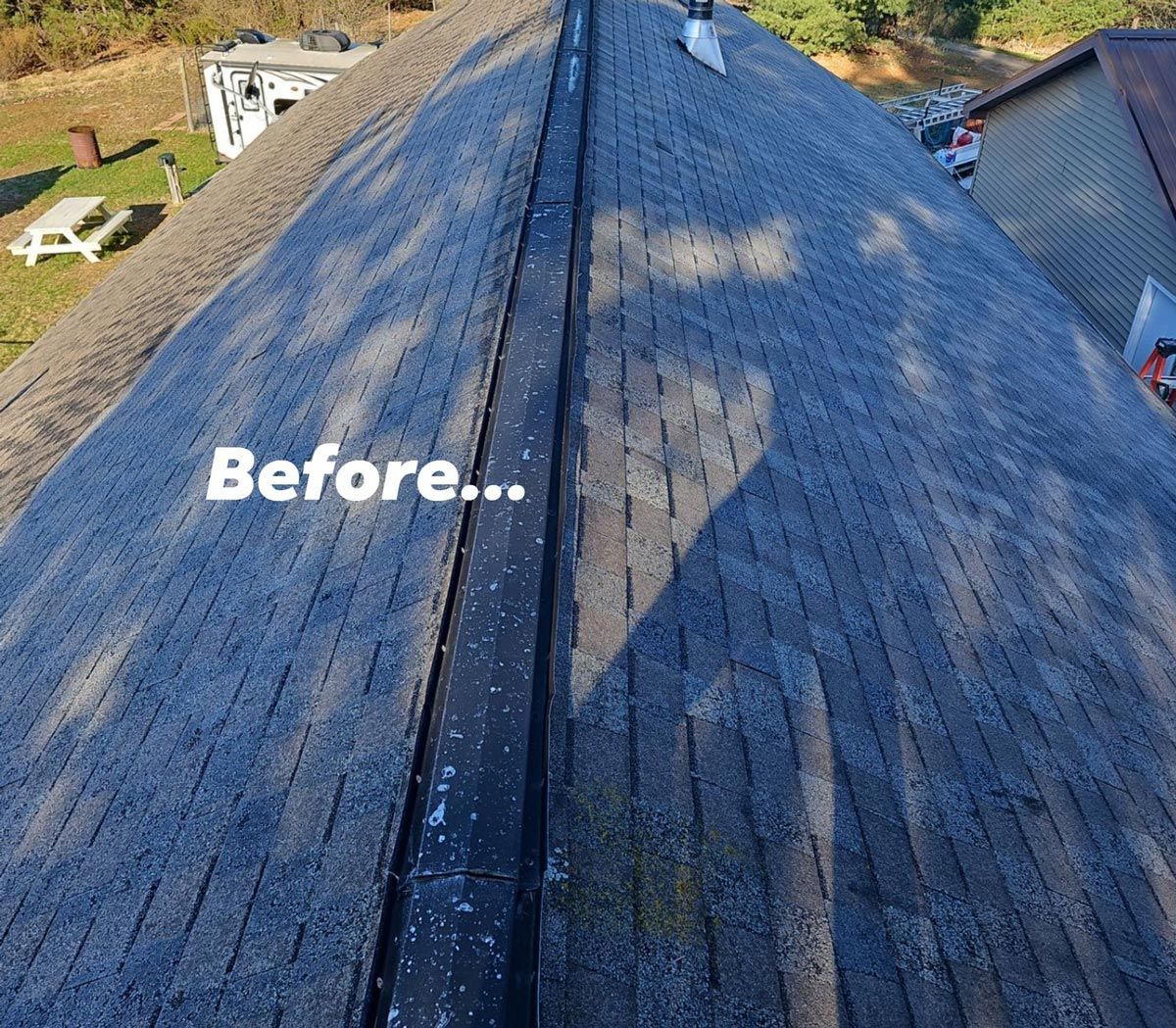 Before and after of a home’s roof replacement, transitioning from traditional shingles to a sleek, durable metal roof. Trusted roofing contractor serving Gaylord, MI.