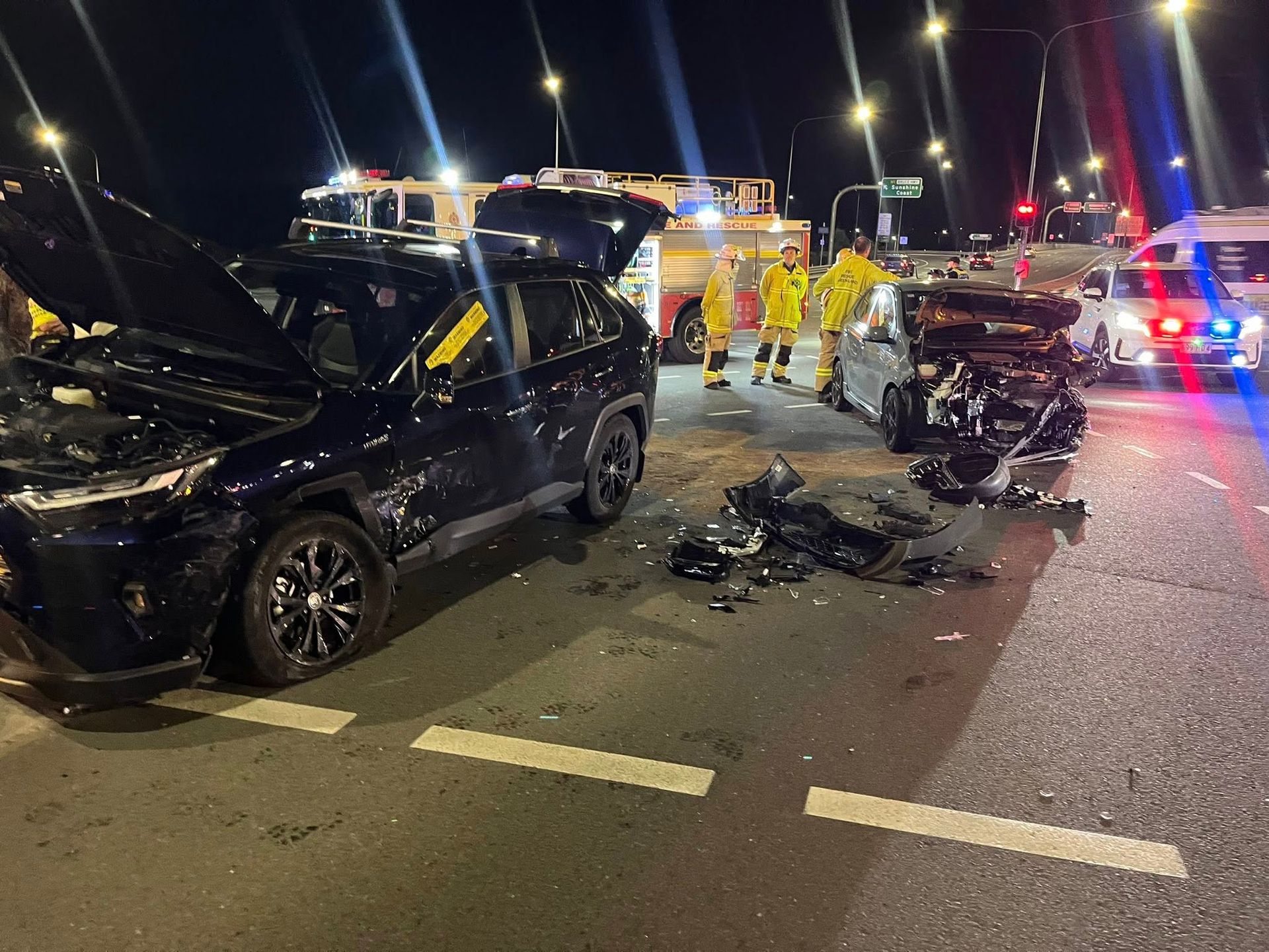 Two Wrecked Cars on a Night Road — A B & Forge Towing In Redcliffe, QLD