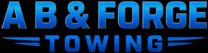 Blue and black A B & Forge Towing logo with bold text and stylized wing lines