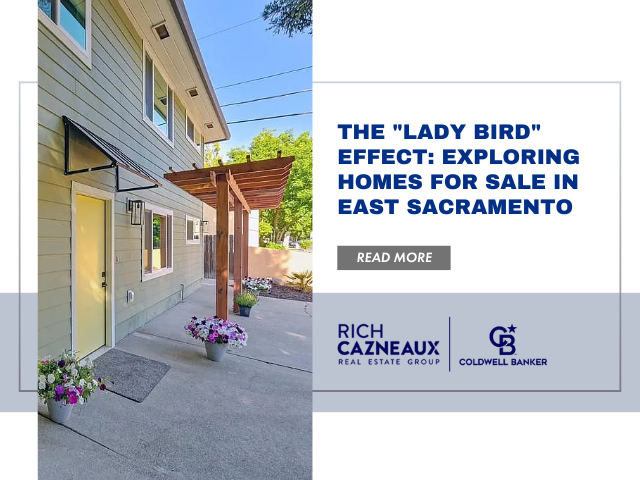 White house with a red door, promoting East Sacramento real estate. Text reads 