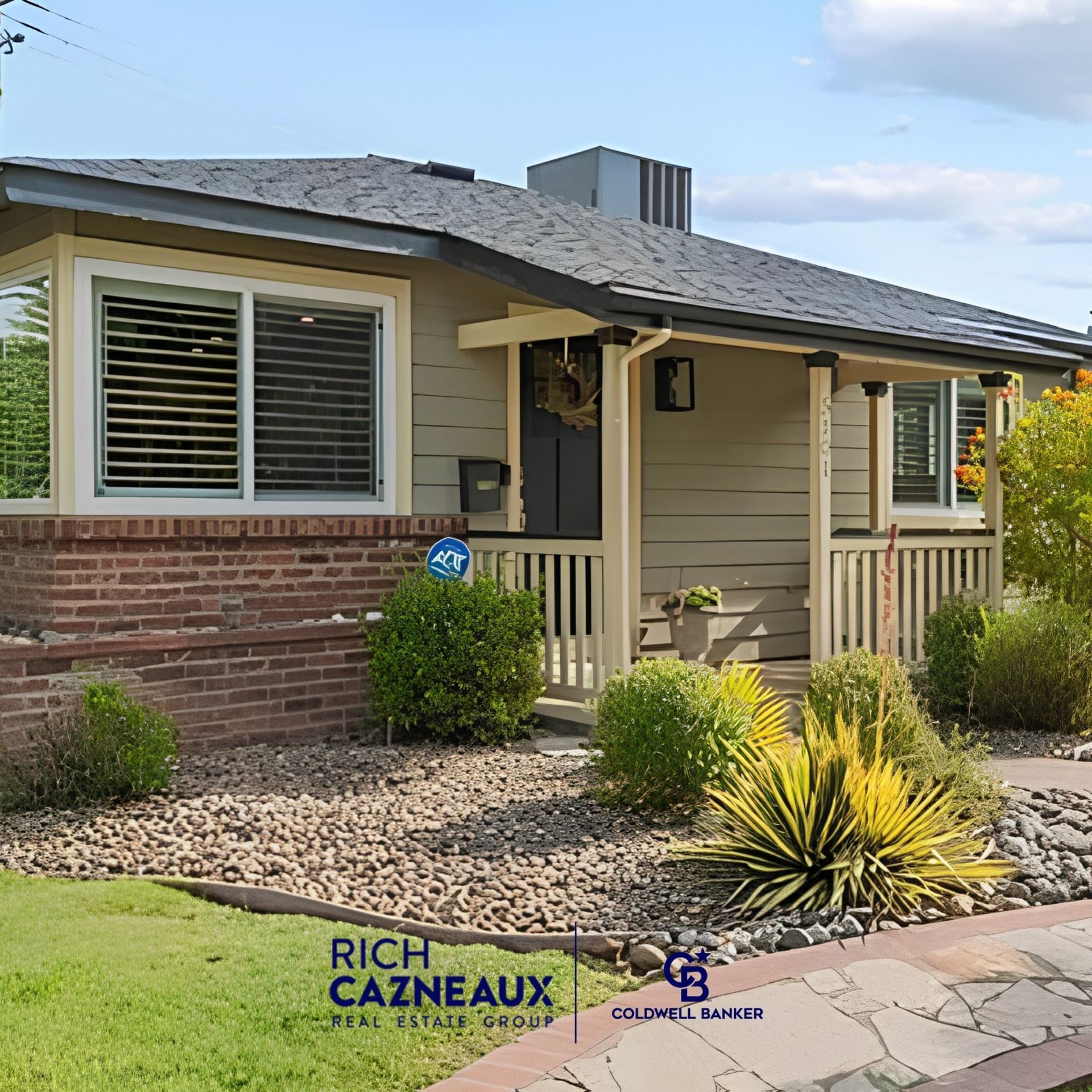 Single-story home with brick base, covered porch, dark roof, and drought-tolerant front yard, with agent and brokerage logos.