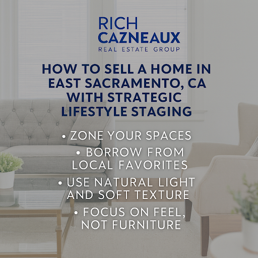 Lifestyle staging tips to sell a home in East Sacramento in a clean text and cozy living room.