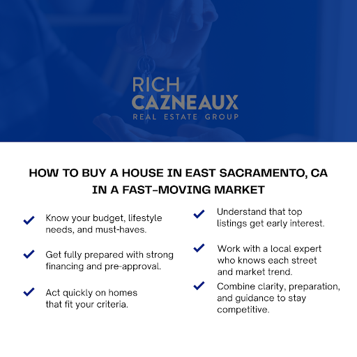 Quick tips for buying a home in East Sacramento, highlighting clarity, financing prep, speed, and local guidance.