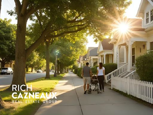 Couple pushing a stroller on a sunny sidewalk in a residential neighborhood.