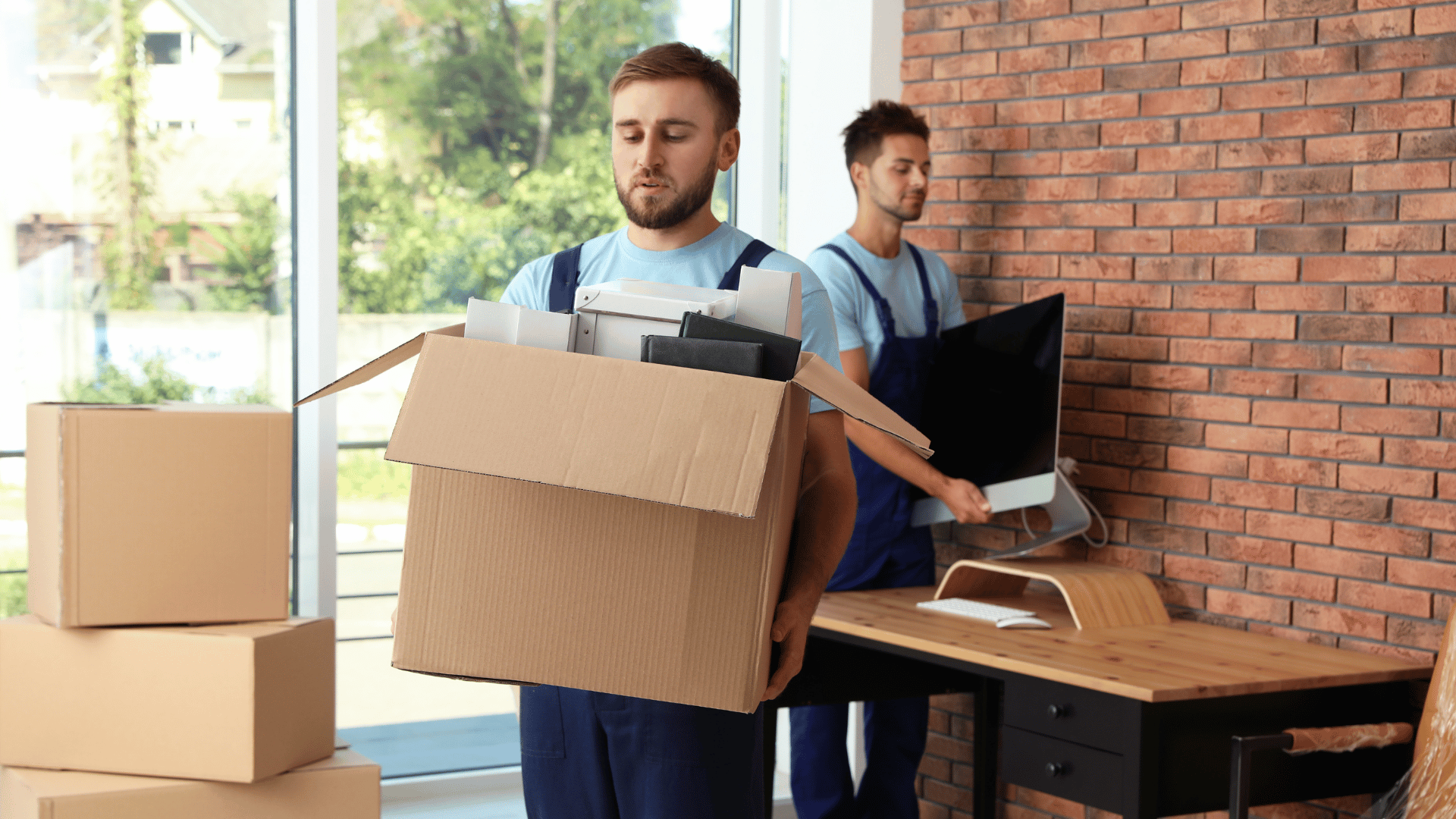 Two men are carrying boxes into a new office.