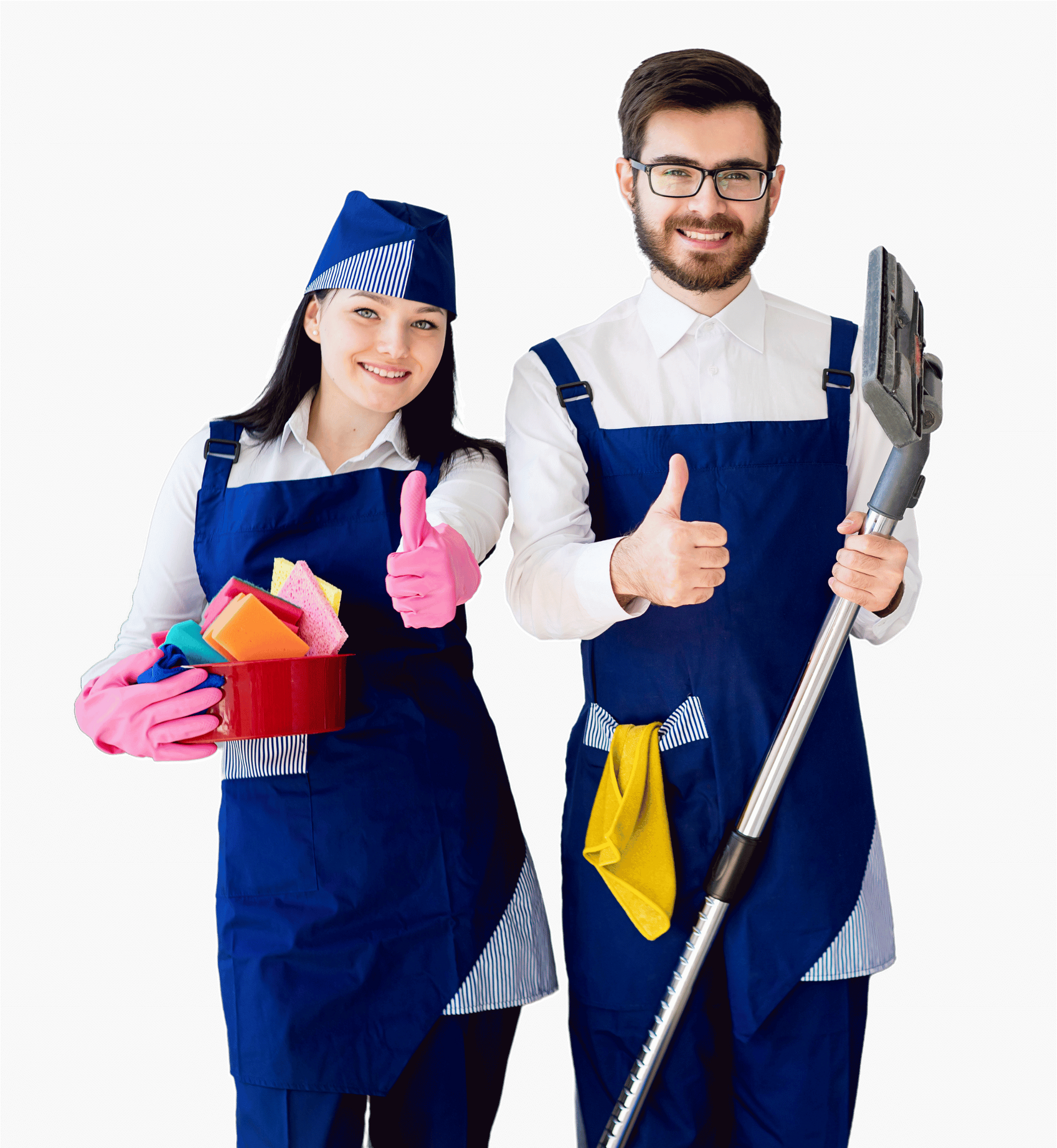 A man and a woman are standing next to each other holding cleaning supplies and giving a thumbs up.