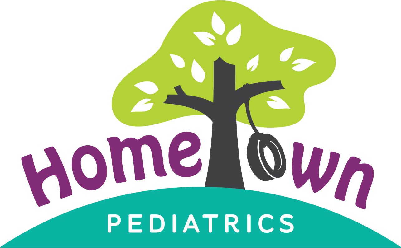 Logo for HomeTown Pediatrics featuring a green tree with a hanging tire swing over a teal hill and purple text.