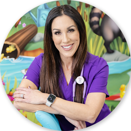Woman in purple scrubs with stethoscope, smiling, arms crossed. Cartoon background.