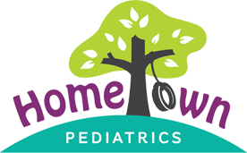 HomeTown Pediatrics logo: green tree with tire swing, purple 