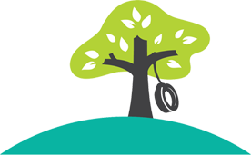 Green tree with tire swing on a teal hill.