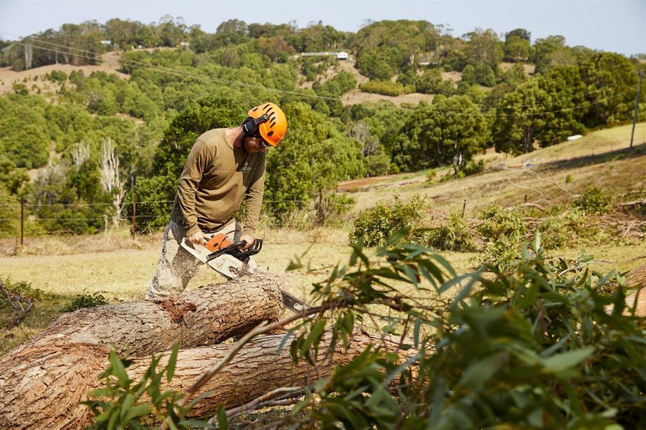 Worker Chopping Fallen Tree Into Smaller Pieces — Hinterland Property Services in Coopers Shoot, NSW