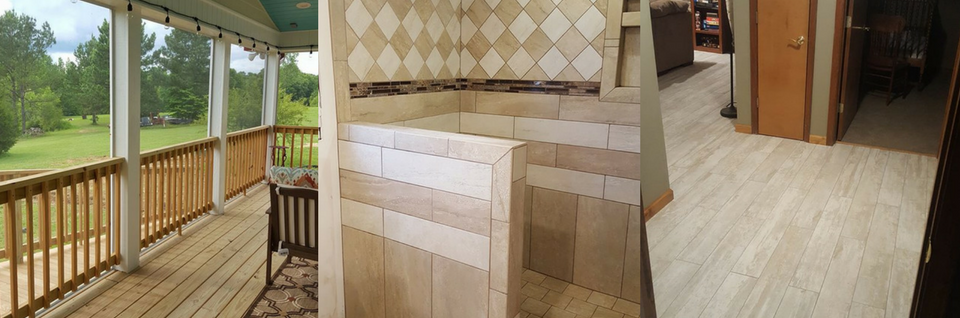 A three-panel image showing a wooden porch, a tiled shower interior, and light-toned hardwood flooring in a home hallway.