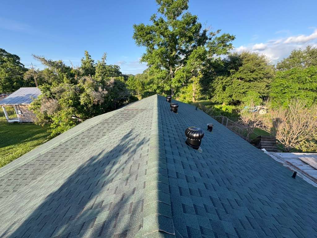 Green shingle roof with vents, seen from above amid trees and blue sky.