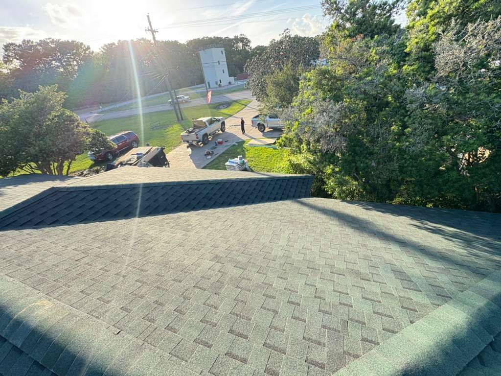 View from a shingled rooftop over trees, a road, and parked cars in bright sunlight