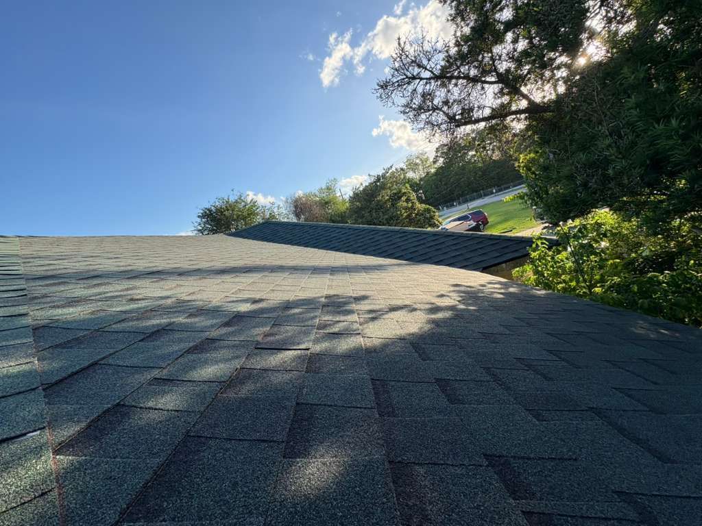 Shingled rooftop under blue sky with trees and sunlight in the background