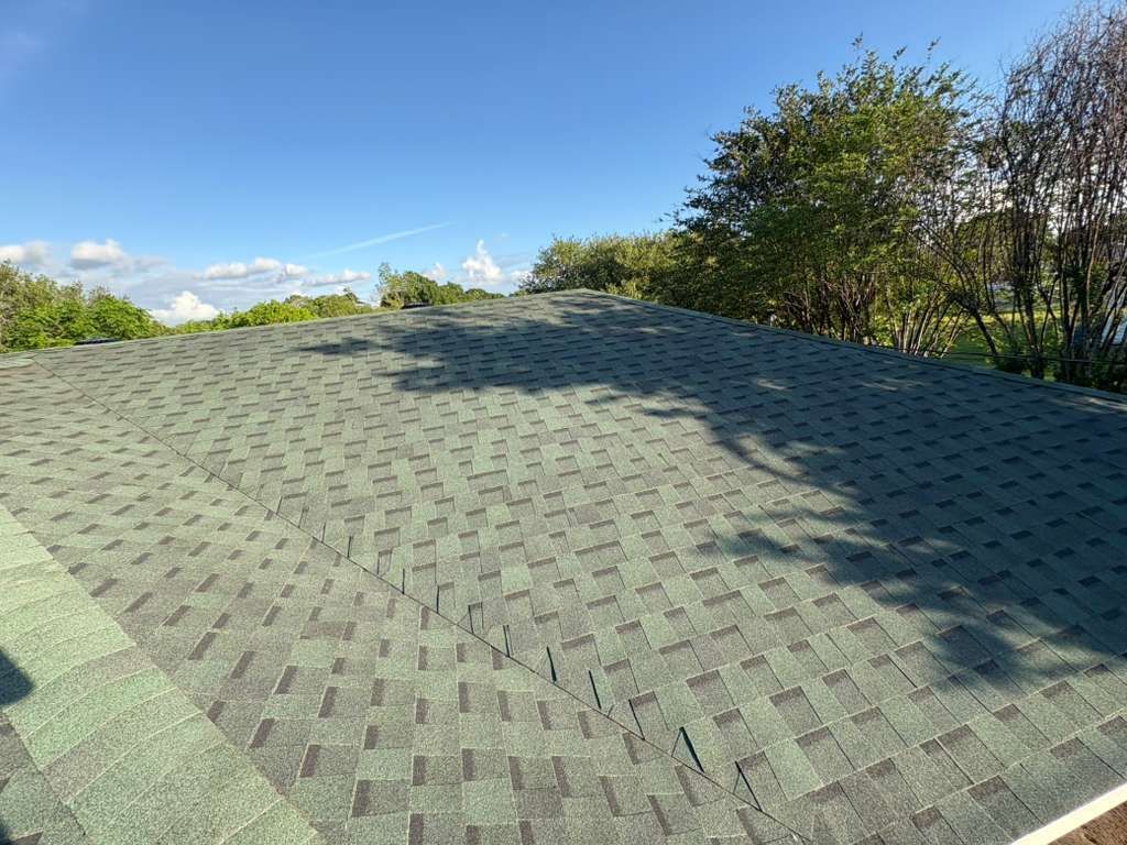 Green shingled rooftop with trees and blue sky in the background