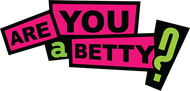 A pink and black logo that says are you a betty