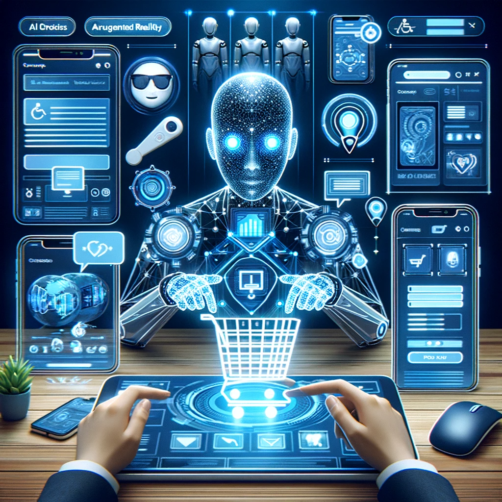 a robot is holding a shopping cart in front of a computer screen .