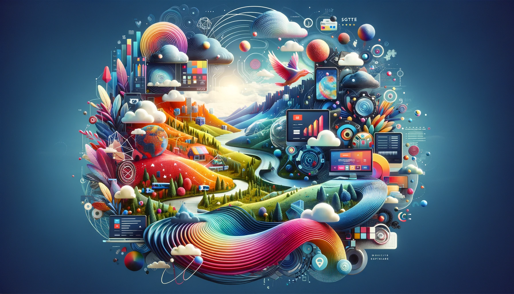 a colorful illustration of a rainbow surrounded by various icons on a blue background .