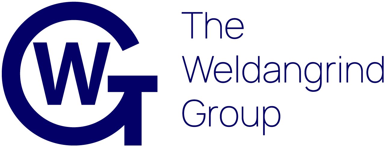 a blue and white logo for the weldangrind group