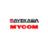 the mayekawa mycom logo is red and black on a white background .