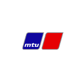 a blue and red logo for mtu on a white background .