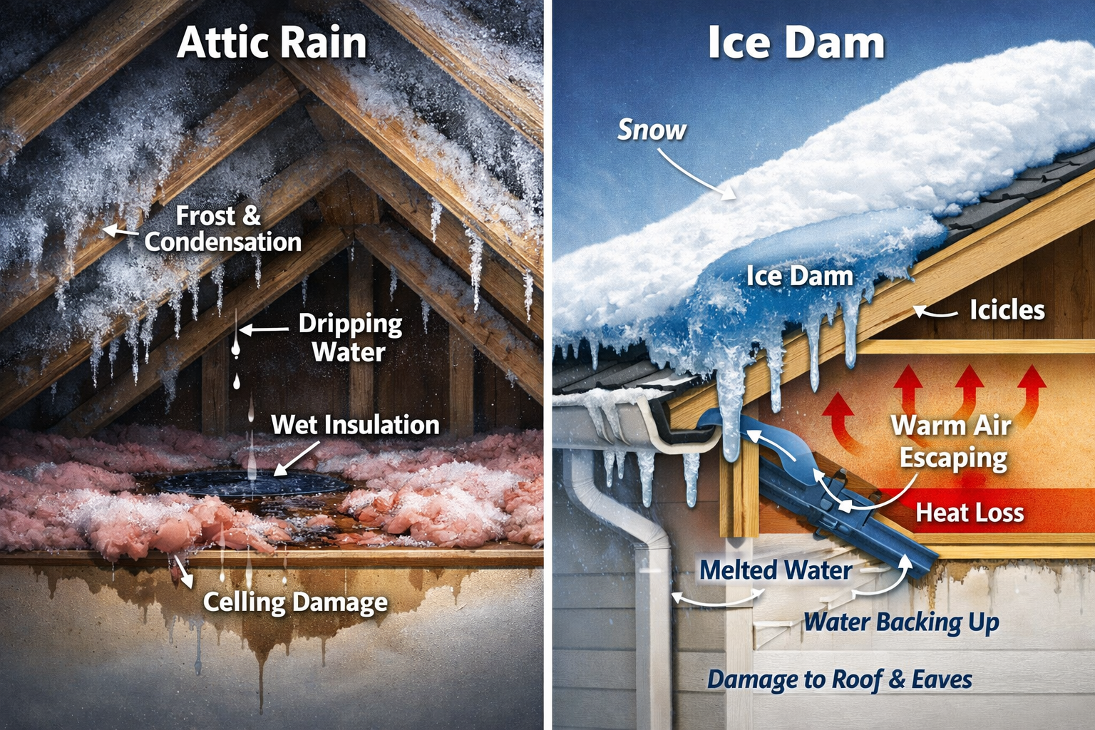 Diagram comparing attic rain (condensation) and ice dams, showing water damage to insulation and roof.