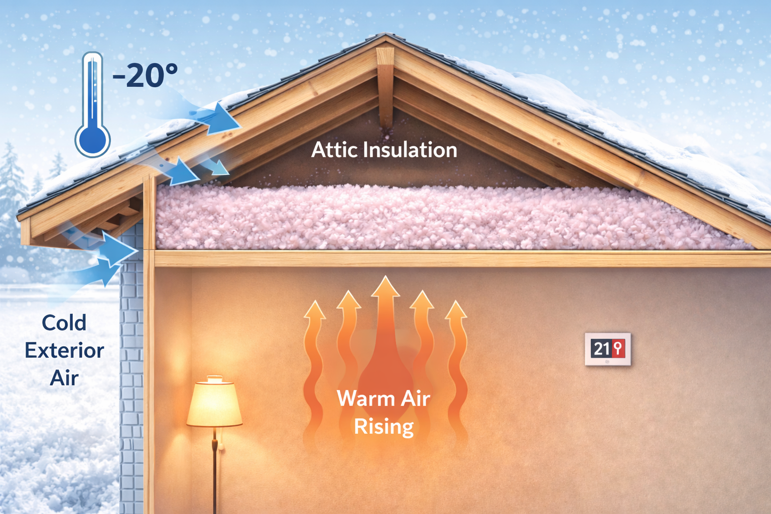 Cross-section of house showing warm air rising, attic insulation, and cold exterior air at -20°.