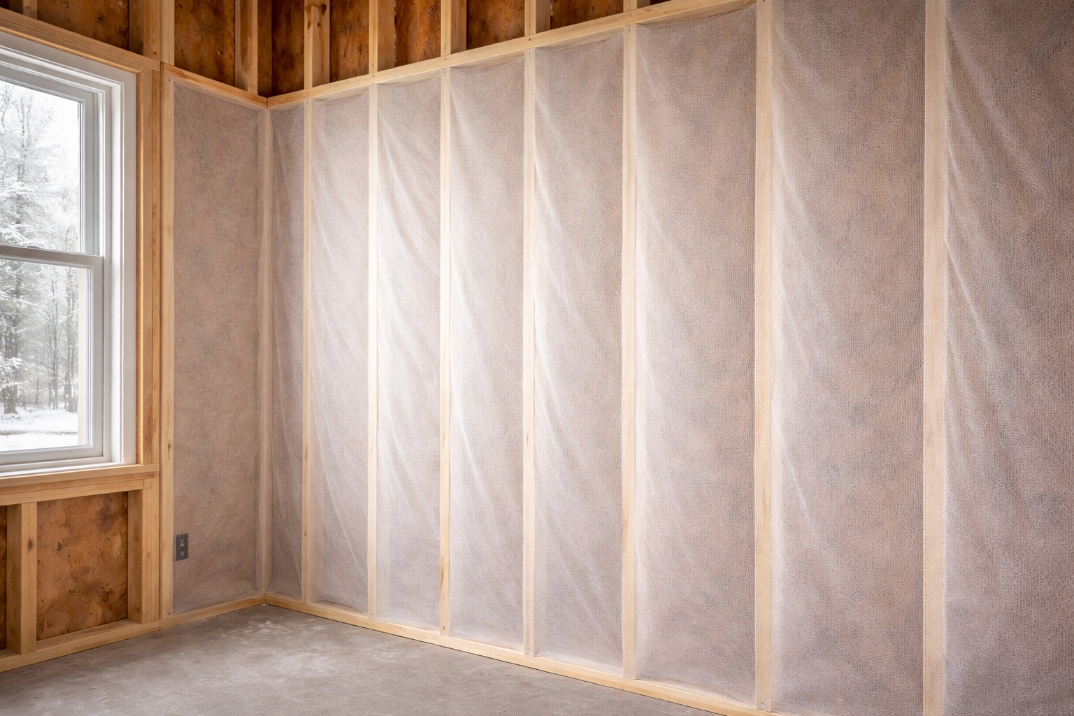 Interior wall framing with translucent vapor barrier installed, near a window.
